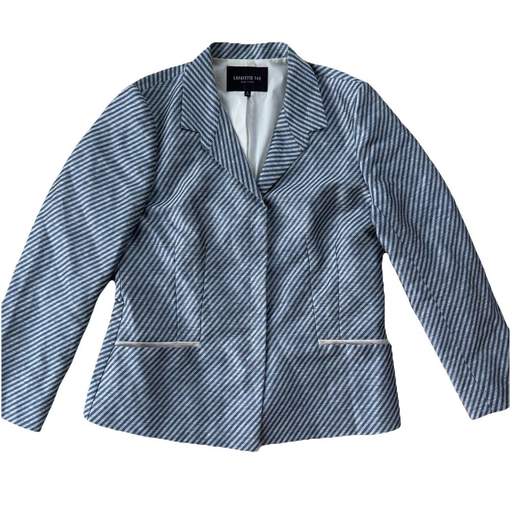 Lafayette 148 Women’s 8 Jasmine Stripe Blazer 93% Linen Blend Glaze Blue $598 - Picture 3 of 15